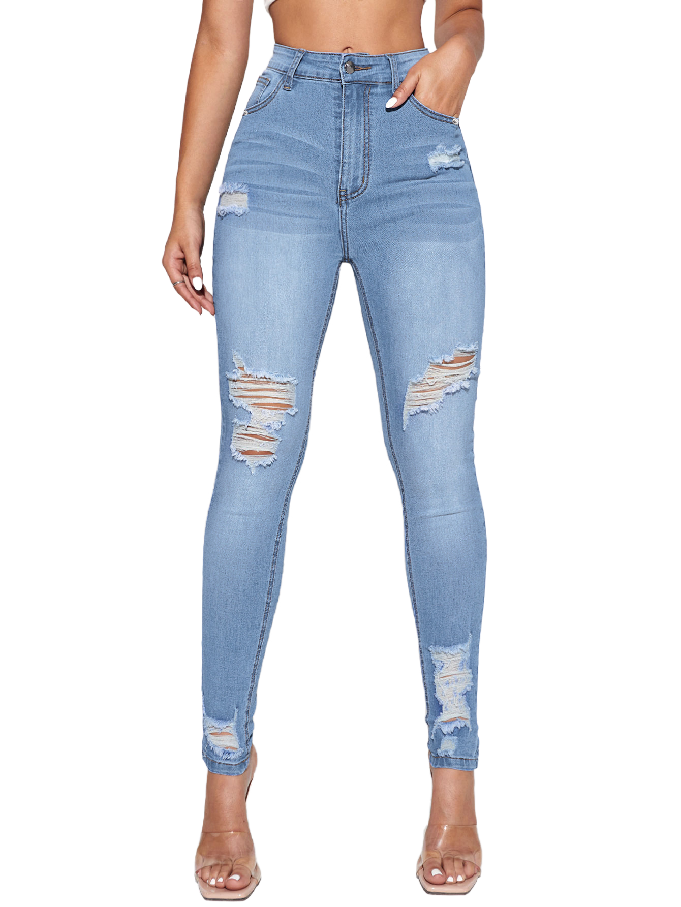 Women's Ripped High Waist Skinny Jeans Distressed Stretchy Curvy Denim Pants