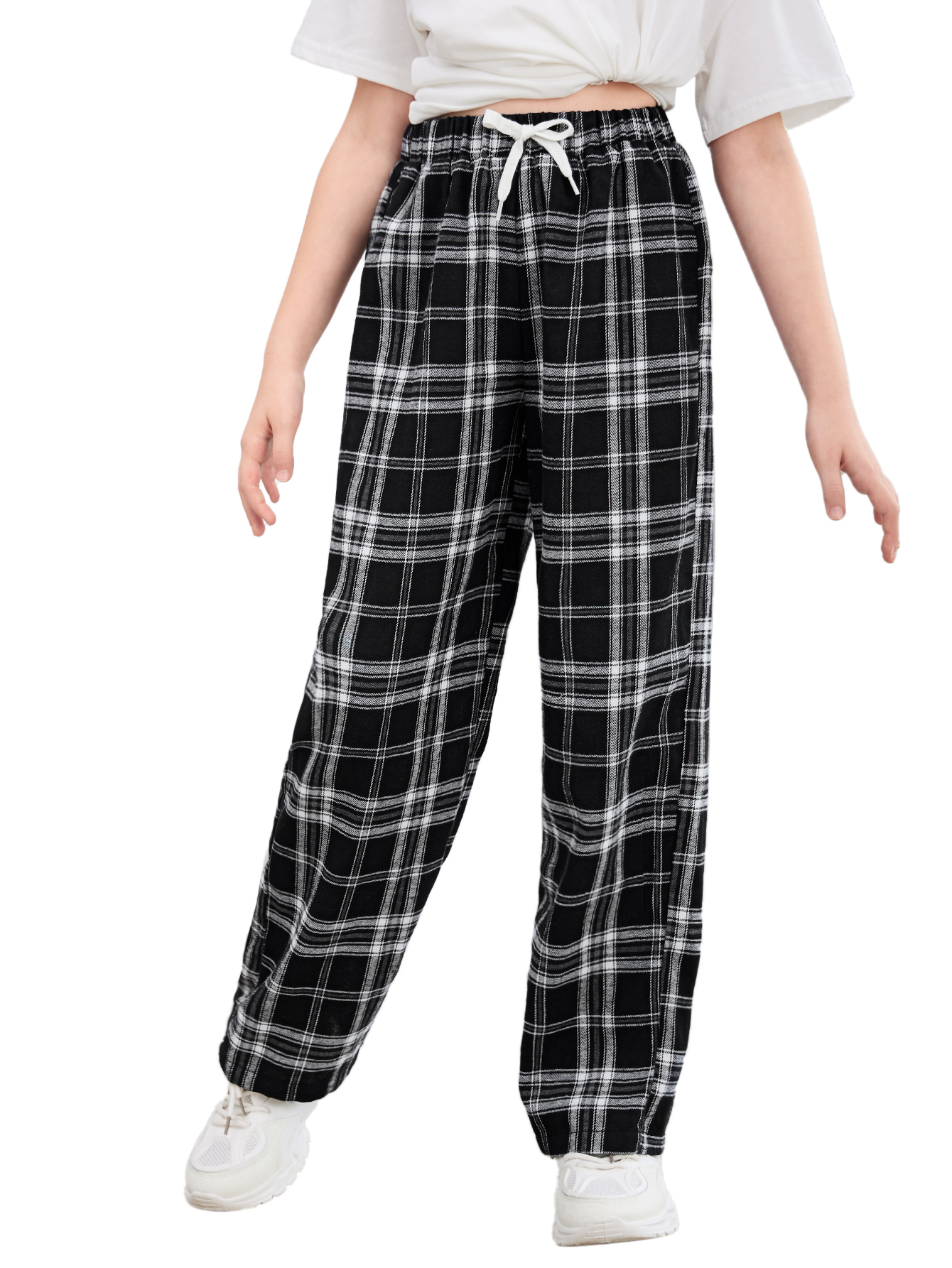 Girl's Plaid Print Drawstring Waist Loose Fit Straight Leg Pants